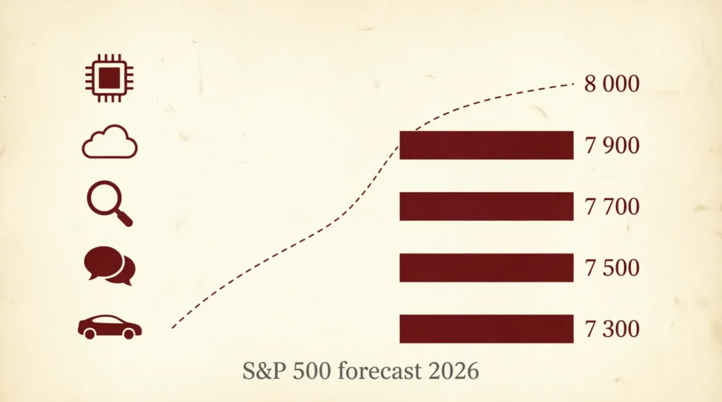 Прогнозы S&P 500 на конец 2026 года: Goldman Sachs 8000, Reuters 7900, Wells Fargo 7700