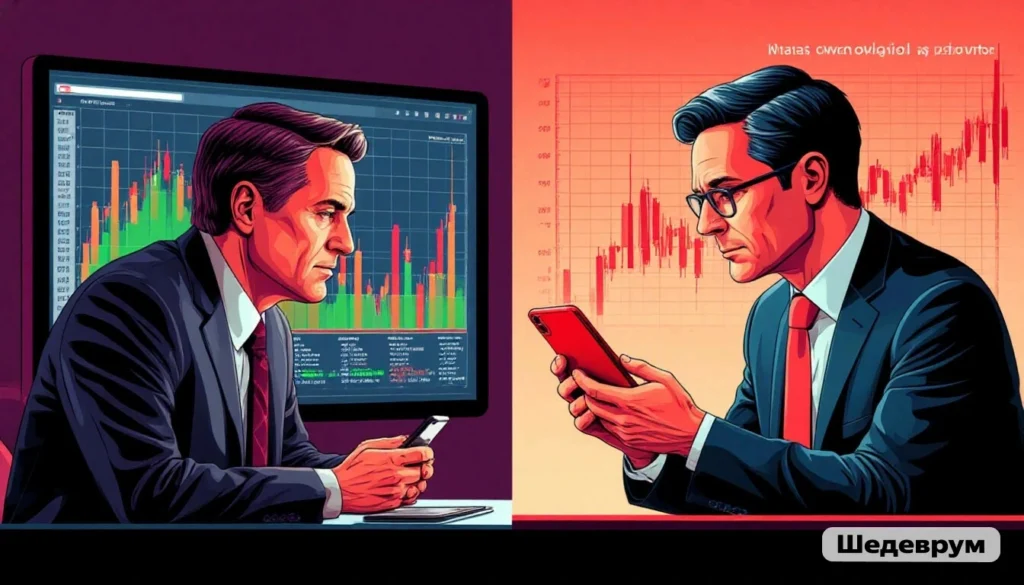 Инвестор изучает график S&P 500 и сравнивает доходность индекса с реальной доходностью своего портфеля на фоне поведенческих ошибок